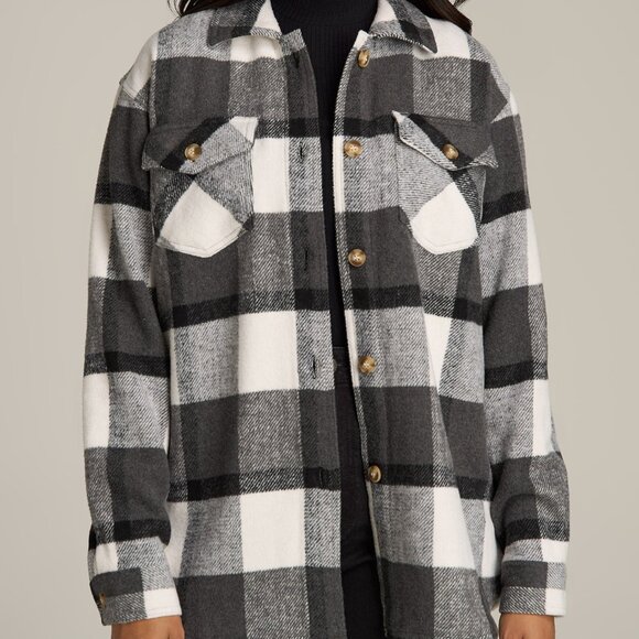 American Tall Tops - American Tall Flannel Women's Tall Shacket in Grey and Black Plaid Size L Tall